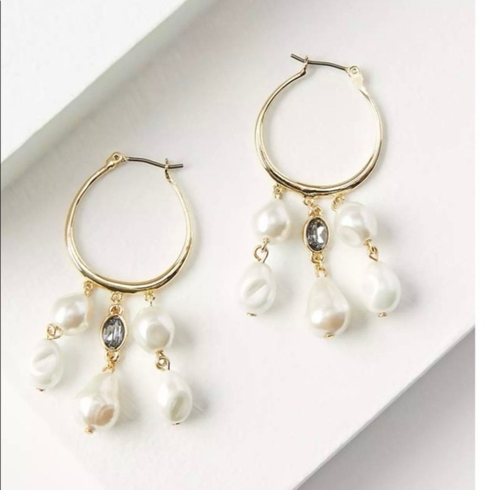 NWT LOFT baroque pearl charm hoop dangle earrings blue stone Bridal bride gold